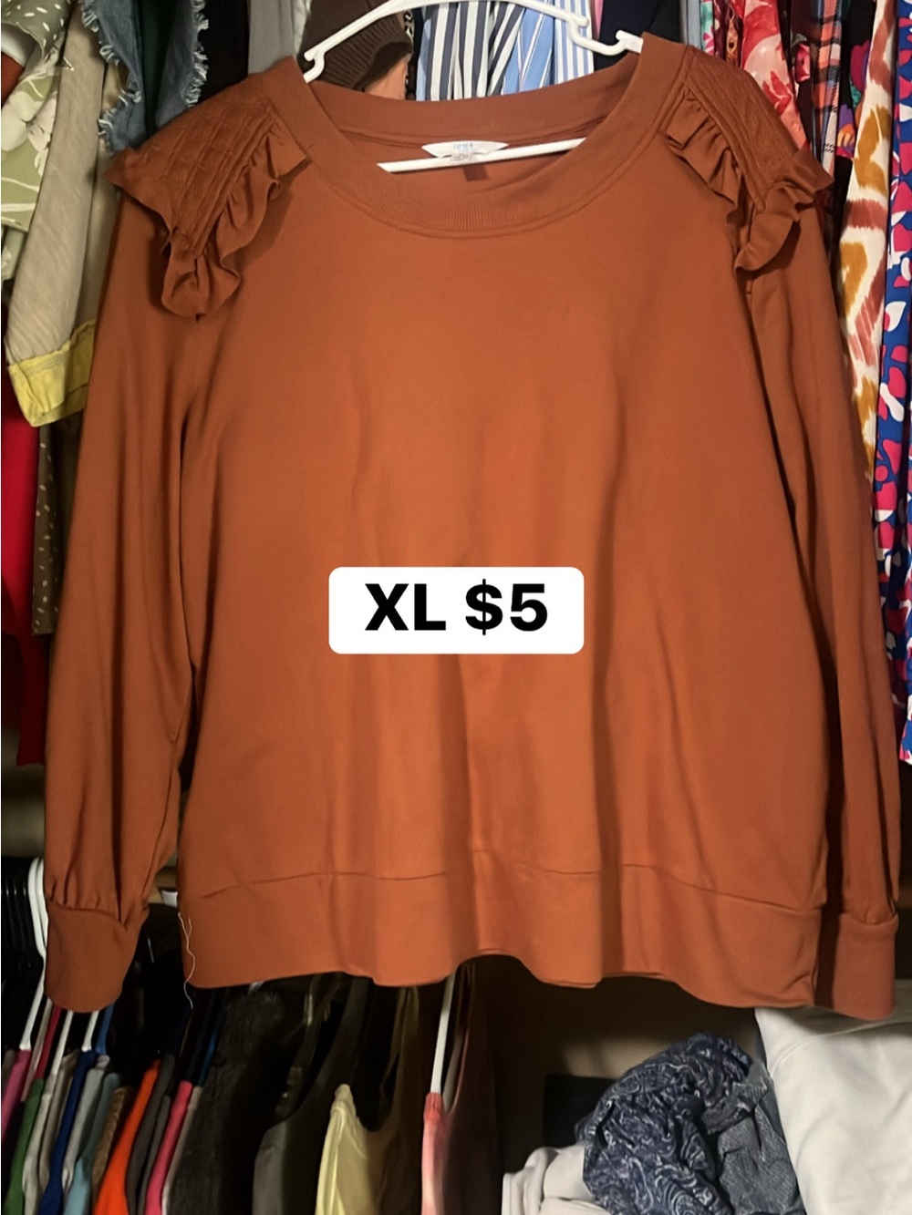 Time and Tru Ruffled Shoulder Pullover - Rust